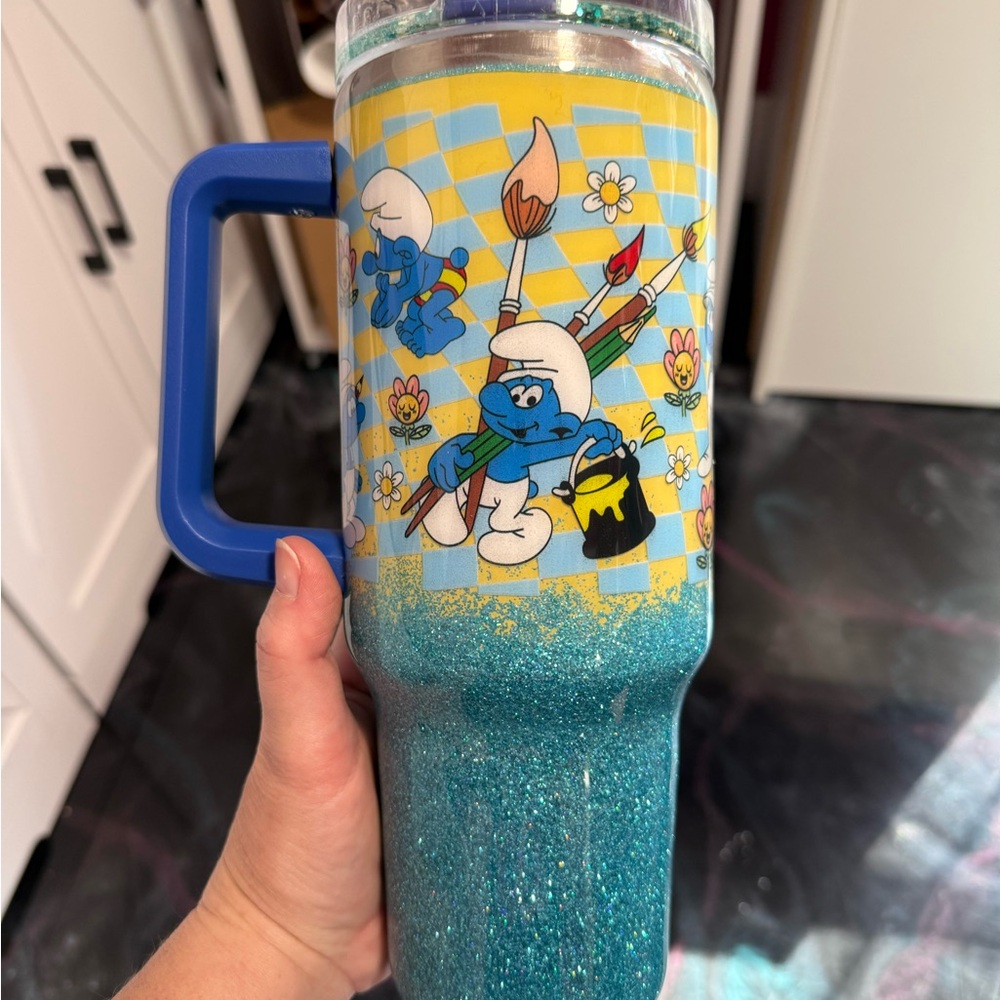 Smurfs Glitter Tumbler with Blue Handle Handmade